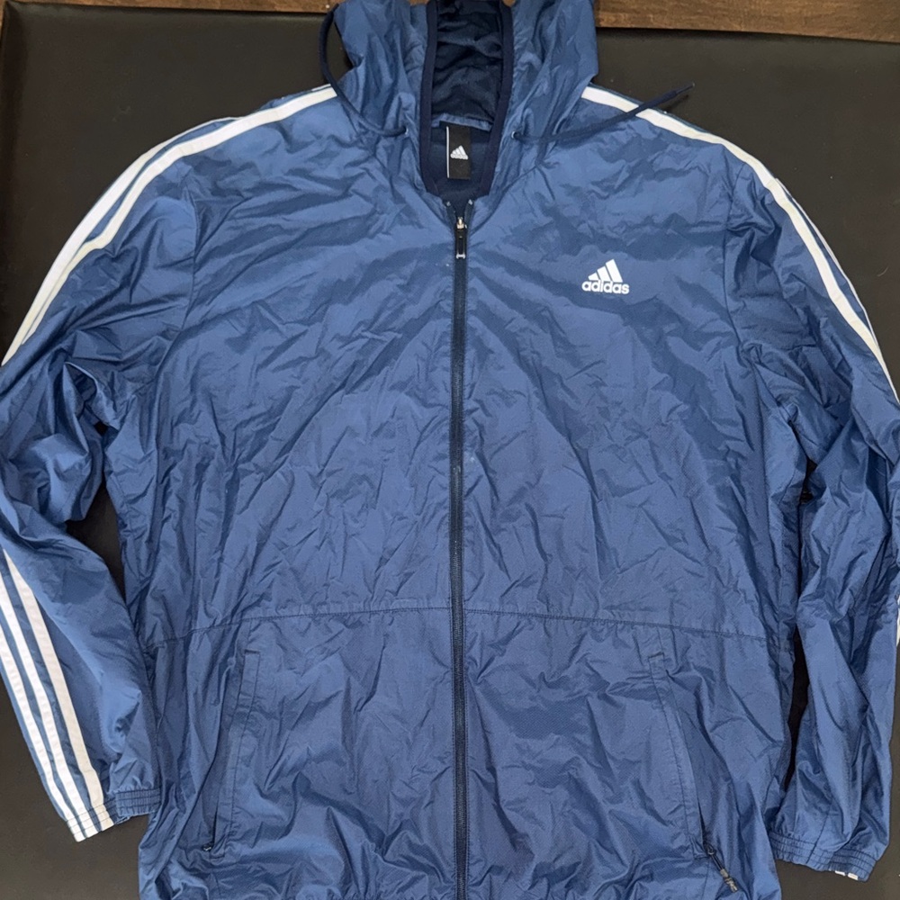 adidas Navy Blue Hooded Windbreaker with White Stripes